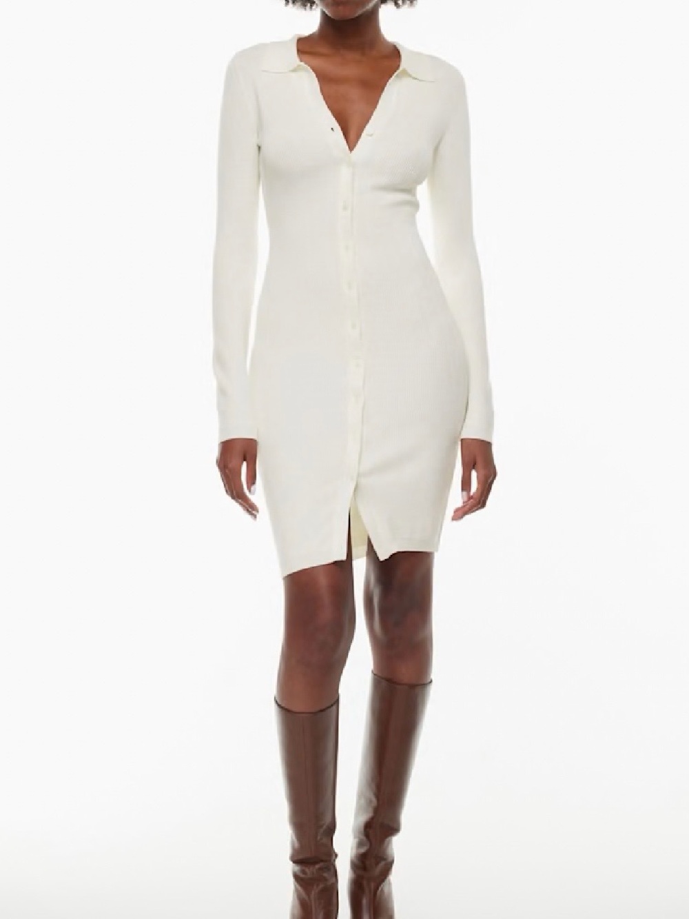 Aritzia Wilfred Button-Front Cream Ribbed Knit Dress